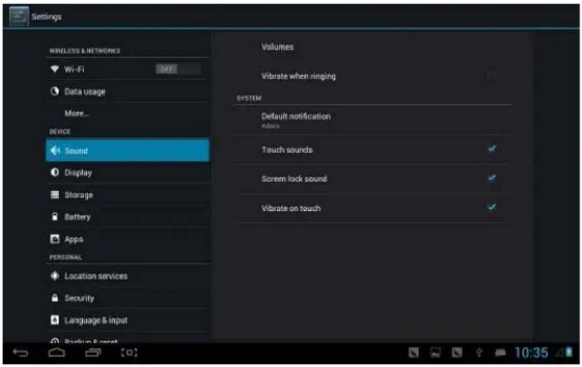 Settings WIRELESS & NETWORKS Wi-Fi Data usage More... DEVICE Sound Display Storage Battery Apps PERSONAL Location services Security Language & input Volumes Vibrate when ringing SYSTEM Default notification Adoption Touch sounds Screen lock sound Vibrate on touch