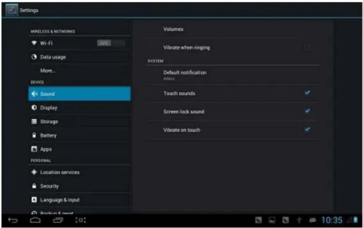 Settings WIRELESS & NETWORKS Wi-Fi Data usage More... DEVICE Sound Display Storage Battery Apps PERSONAL Location services Security Language & input Volumes Vibrate when ringing SYSTEM Default notification Actions Touch sounds Screen lock sound Vibrate on touch