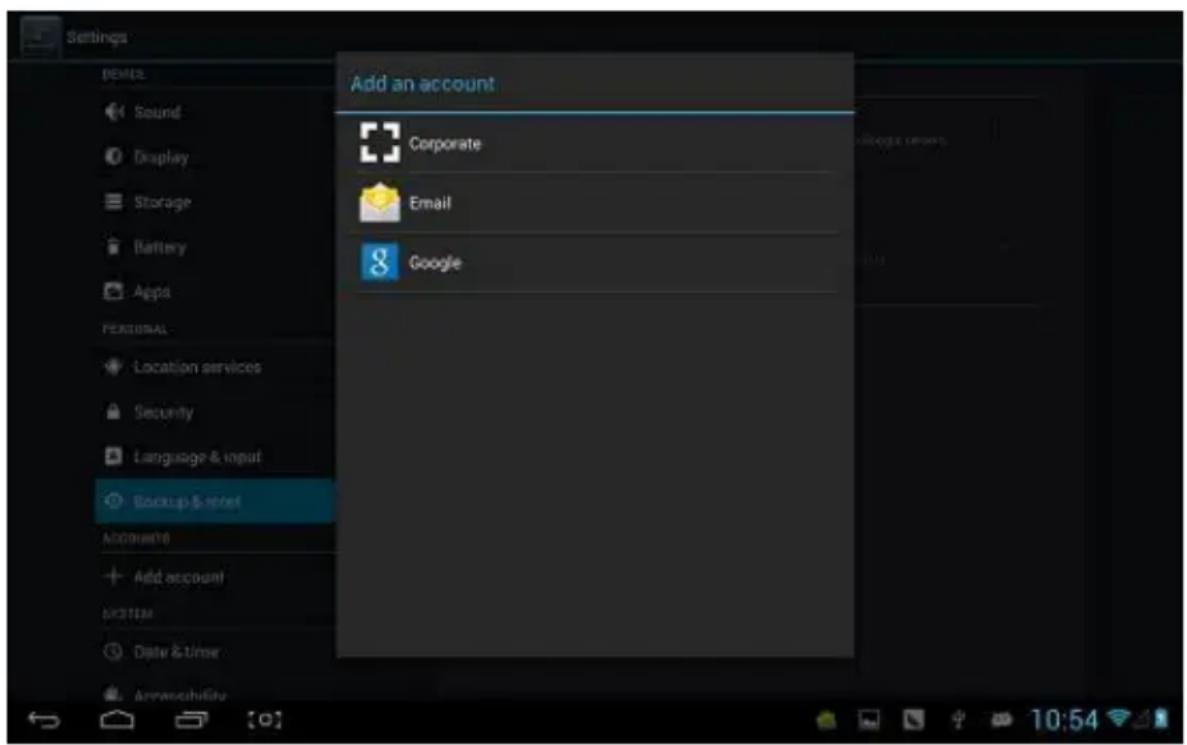 Settings Add an account Corporate Email Google Backup & reset Accurate Add account SYSTEM Date & time Annalschiffly 10:54