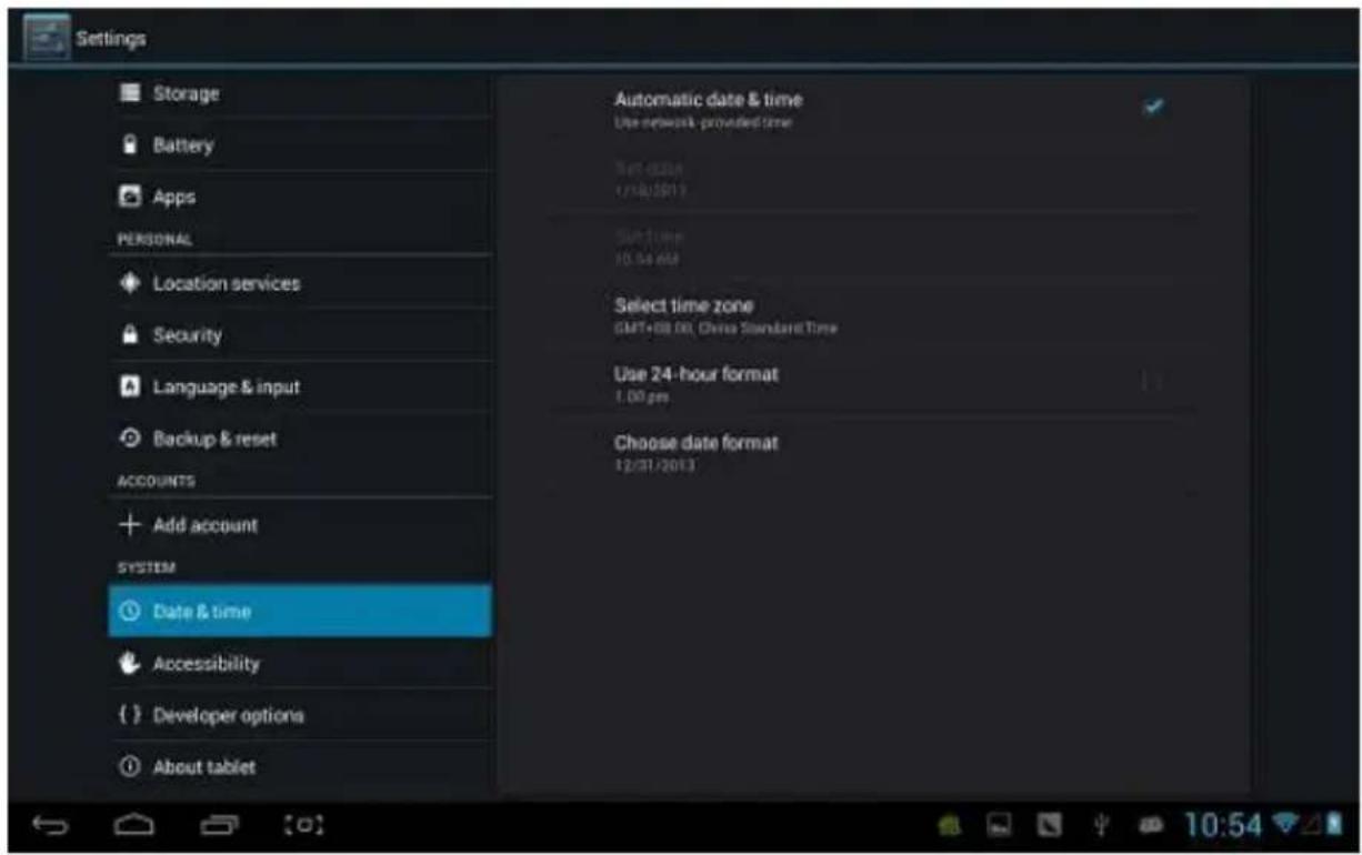 Settings Storage Battery Apps PERSONAL Location services Security Language & input Backup & reset ACCOUNTS Add account SYSTEM Date & time Accessibility Developer options About tablet Automatic date & time Use network provided time Set up time 10:54 AM Select time zone GMT+88.00, China Standard Time Use 24-hour format 1.00 pm Choose date format 12/31/2013