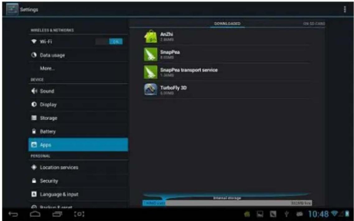 Settings MIRELESS & NETWORKS Wi-Fi Data usage More... DEVICE Sound Display Storage Battery Apps PERSONAL Location services Security Language & input Backup Forecast DOWNLOADS ON GO CARS AnZhi 2.00MB SnapPea 8.00MB SnapPea transport service 1.30MB TurboFly 3D 6.00MB Internal storage 352MB free Takeaway: 352MB free