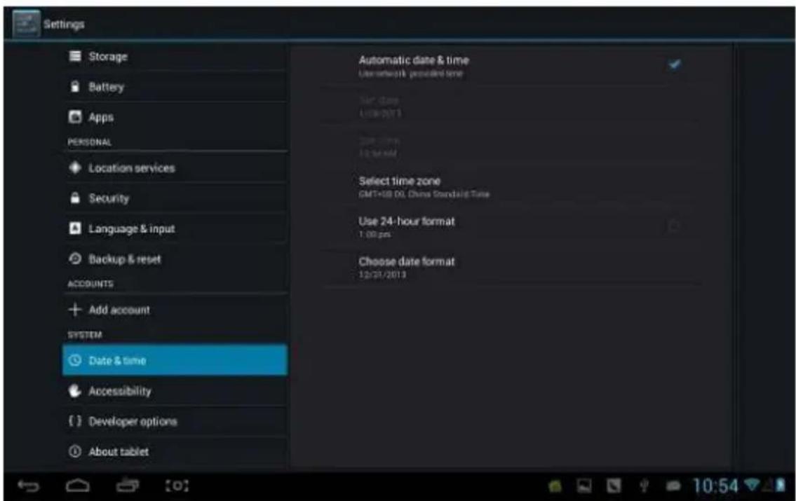 Settings Storage Battery Apps PERSONAL Location services Security Language & input Backup & reset ACCOUNTS Add account SYSTEM Date & time Accessibility Developer options About tablet Automatic date & time User network provided time Air clock USB-2013 Use time 12:30 AM Select time zone GMT+GB 00, China Standard Time Use 24-hour format 1.00 pcs Choose date format 12/28/2013