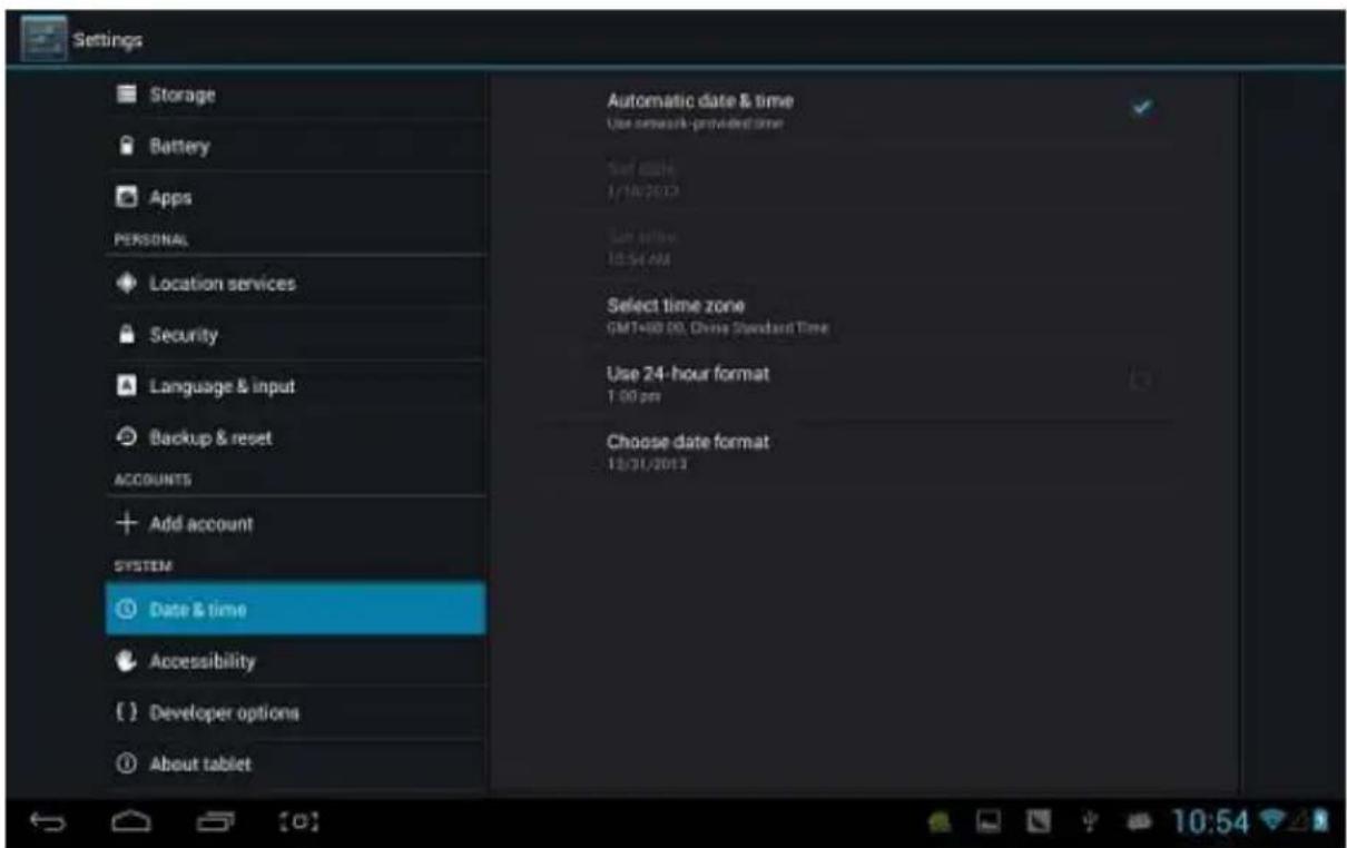 Settings Storage Battery Apps PERSONAL Location services Security Language & input Backup & reset ACCOUNTS Add account SYSTEM Date & time Accessibility { } Developer options About tablet Automatic date & time Use network provided time Set date: 1/18/2012 Set date: 10:54 AM Select time zone GMT=60.00, Chris Standard Time Use 24-hour format 1:00 pm Choose date format 12/31/2012