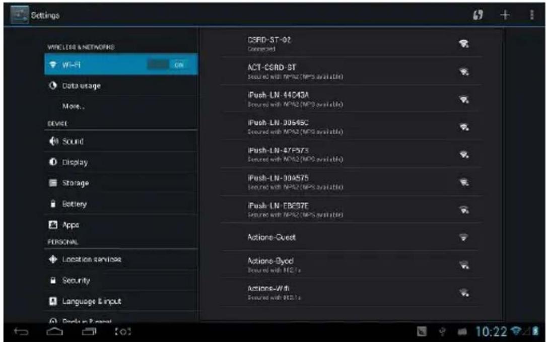 Settings WIRELESS & NETWORKS Wi-Fi Data usage Move... Device Sound Display Storage Battery Apps PERSONAL Location services Security Language & Input CSRD-ST-02 Connected ACT-CSRD-ST Secured with MPN2(MPS available) iPush-LN-44C43A Secured with MPN2(MPS available) iPush-LN-00545C Secured with MPN2(MPS available) iPush-LN-47F57S Secured with MPN2(MPS available) iPush-LN-00A57S Secured with MPN2(MPS available) iPush-LN-EB607E Secured with MPN2(MPS available) Actions-Guest Actions-Dyod Secured with H2.1s Actions-Wit Secured with H2.1s 10:22