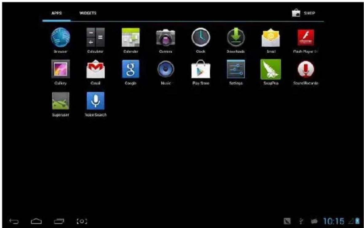 APPS VIDGETS SHOP Browser Calculator Calendar Camera Clock Downloads Email Flash Player 54 Gallery Gmail Google Music Play Store Settings SnapView SoundRadio Supersat VoiceSearch