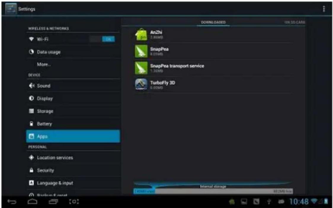 Settings MRELESS & NETWORKS Wi-Fi Data usage More... DEVICE Sound Display Storage Battery Apps PERSONAL Location services Security Language & input Discharge / Reset DOWNLOADS FOR SO CARS AnZhi 2.86MB SnapPea 8.07MB SnapPea transport service 7.36MB TurboFly 3D 6.00MB Internal storage 812MB init DCM-45-7 10:48