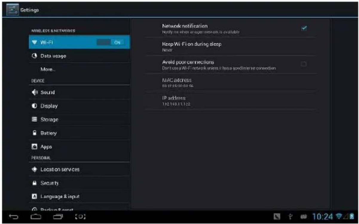 Settings WIRELESS & NETWORKS Wi-Fi ON Data usage Move... DEVICE Sound Display Storage Battery Apps PERSONAL Location services Security Language & input Redund Secret Network notification Notify me when an open network is available Keep Wi-Fi on during sleep Never Avoid poor connections Don't use a Wi-Fi network unless it has a good time re connection MAC address 01:16:15:20:01:56 IP address 1921010.11.132
