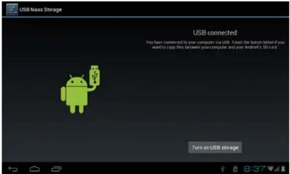 USB Nass Storage USB connected You have connected to your computer via USB. Touch the button below if you want to copy files between your computer and your Android's SD card. Turn on USB storage