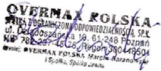 OVERMAX KOLSKA ■IKIA ZOGRANICZONNODPOWIEDZIACNOŚCA, SP.K. uJ. Deladoszanska 10. 61-248 Poznań MP 788-207-48-78 Regom 3904-48504 ■rniej: ●OVERMAX POLSKA Marcela Baranolska i Spółka Spółka Jerada