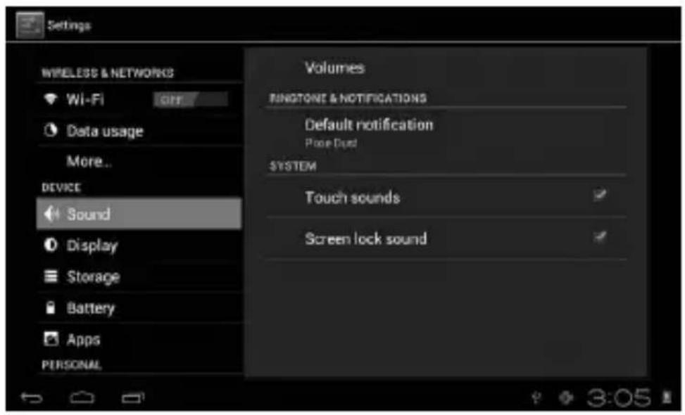Settings WIRELESS & NETWORKS Wi-Fi OFF Data usage More... DEVICE Sound Display Storage Battery Apps PERSONAL Volumes RINOTONE & NOTIFICATIONS Default notification Poose Dual SYSTEM Touch sounds Screen lock sound
