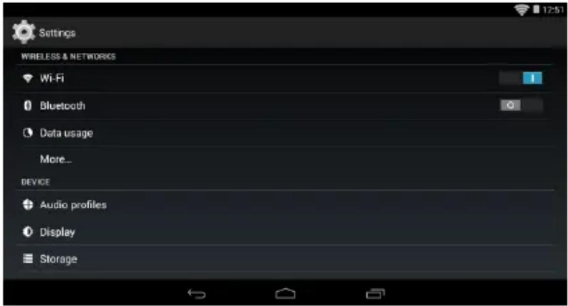 Settings WIRELESS & NETWORKS Wi-Fi Bluetooth Data usage More... DEVICE Audio profiles Display Storage