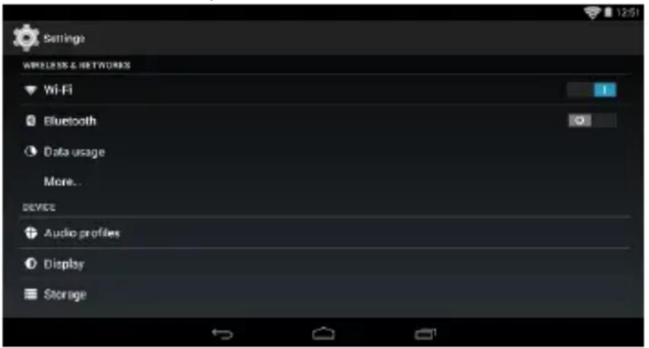Settings WIRELESS & NETWORKS Wi-Fi Bluetooth Data usage More... DEVICE Audio profiles Display Storage