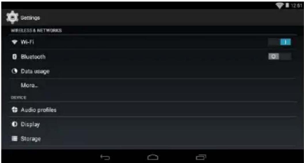 Settings WIRELESS & NETWORKS Wi-Fi Bluetooth Data usage More... DEVICE Audio profiles Display Storage