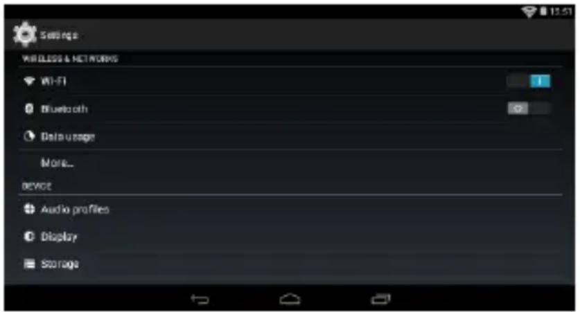 Settings WIRELESS & NETWORKS Wi-Fi Bluetooth Data usage More... DEVICE Audio profiles Display Storage