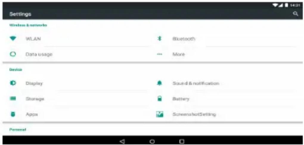 Settings Wireless & networks WLAN Bluetooth Data usage More Device Display Sound & notification Storage Battery Appx ScreenshotSetting Personal