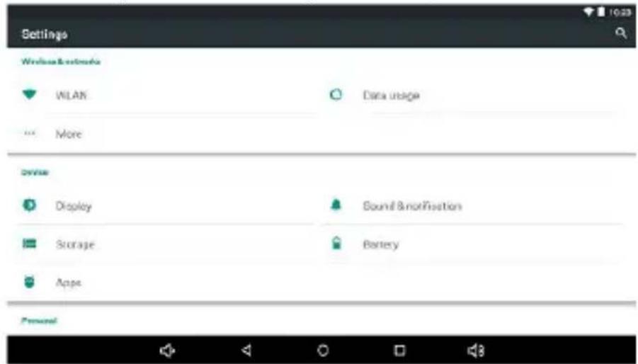 Settings Wireless Network WLAN Data usage More Device Display Sound &nonfission Storage Battery Apps Personal