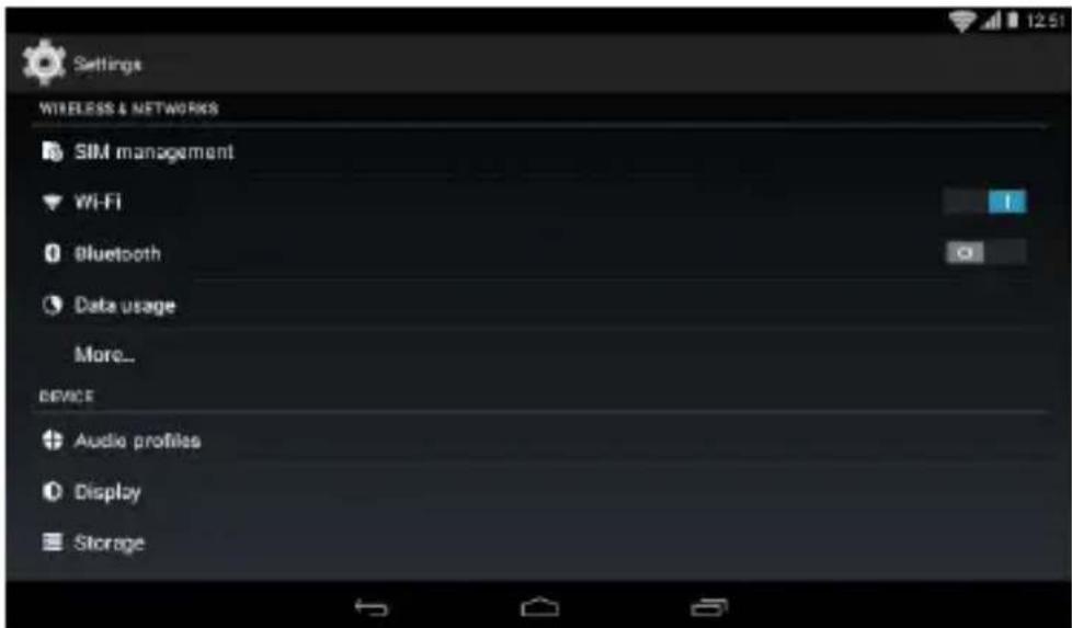 Settings WIRELESS & NETWORKS SIM management Wi-Fi Bluetooth Data usage More... DEVICE Audio profiles Display Storage