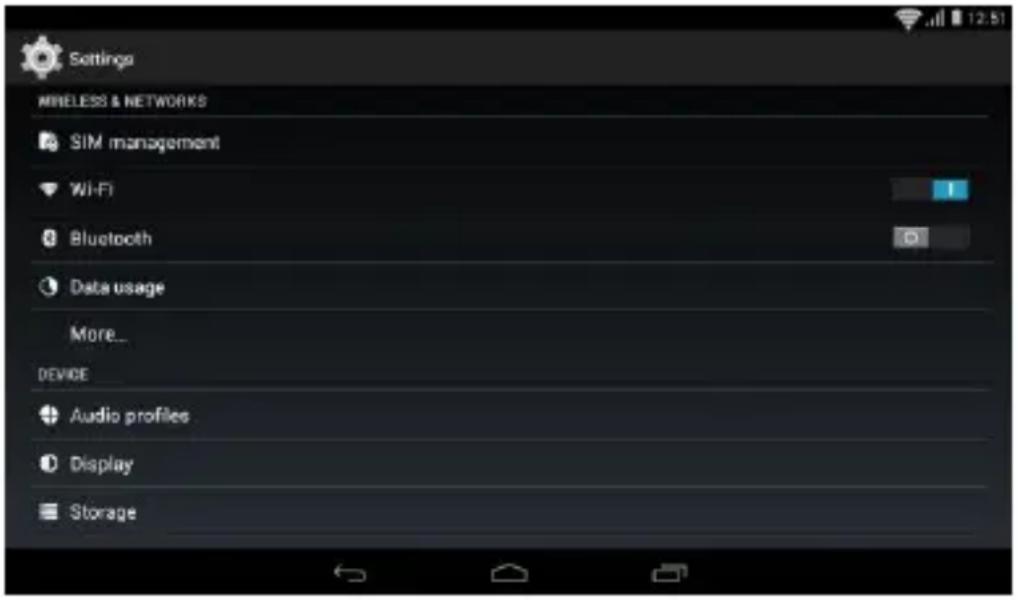 Settings MINELESS & NETWORKS SIM management WiFi Bluetooth Data usage More... DEVICE Audio profiles Display Storage