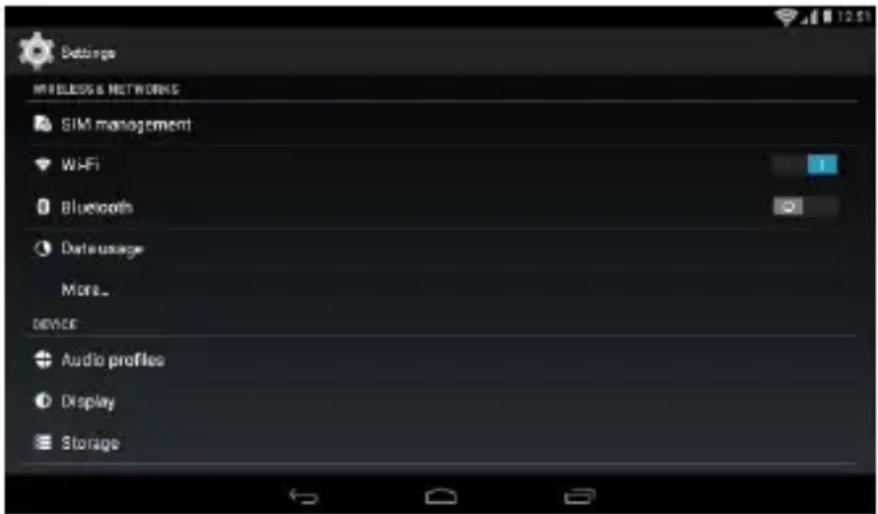 Settings MIMELESS & NETWORKS SIM management WiFi Bluetooth Data usage More... DEVICE Audio profiles Display Storage