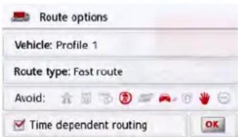 Route options Vehicle: Profile 1 Route type: Fast route Avoid: ✓ Time dependent routing OK