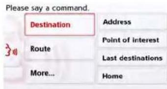 Please say a command. Destination Route More... Address Point of interest Last destinations Home