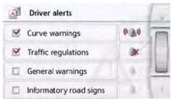 Driver alerts ✓ Curve warnings ✓ Traffic regulations □ General warnings □ Informatory road signs