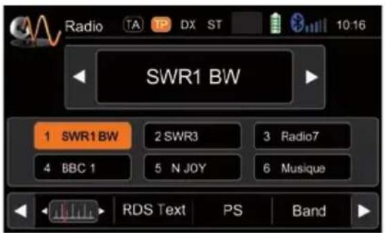 Radio TA TP DX ST 10:16 SWR1 BW 1 SWR1 BW 2 SWR3 3 Radio7 4 BBC 1 5 N JOY 6 Musique RDS Text PS Band