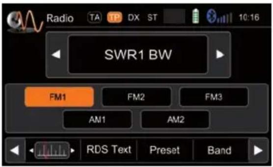 Radio TA TP DX ST 10:16 SWR1 BW FM1 FM2 FM3 AM1 AM2 RDS Text Preset Band
