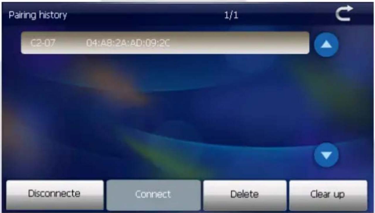 Pairing history 1/1 C2-07 04:A8:2A:AD:09:2C Disconnecte Connect Delete Clear up