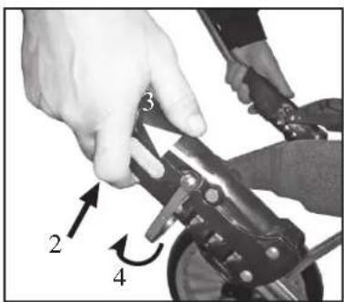 Diagram showing a hand operating a mechanical device with labeled parts 2, 3, and 4 indicating different components or states.