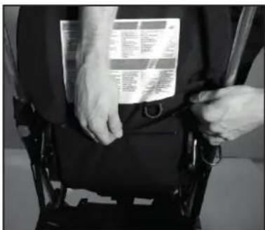 Person wearing a wheelchair seat with visible text labels and a small inset image showing a document or form.