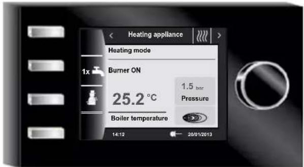 Heating appliance Heating mode 1x Burner ON 25.2 °C 1.5 bar Pressure Boiler temperature 14:12 20/01/2013
