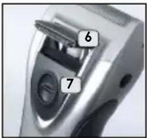 Close-up of a handheld device with numbered labels pointing to specific parts
