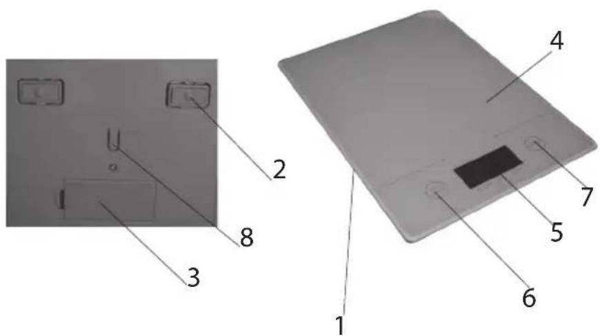 Technical diagram of a device with numbered parts, showing front and side views with labeled components.