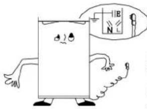 Cartoon illustration of a refrigerator with arms and legs, accompanied by a thought bubble showing a battery labeled 'B' and 'N' (no text or symbols on the refrigerator itself)