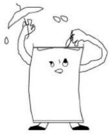 Cartoon illustration of a document character with arms and legs, holding a tray (no text or symbols)