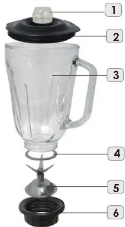 Labeled diagram of a blender with numbered parts for identification