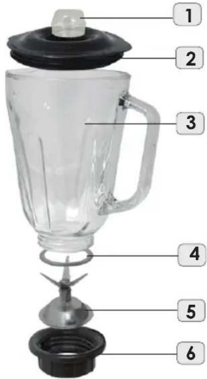 Labeled diagram of a blender with numbered parts for identification