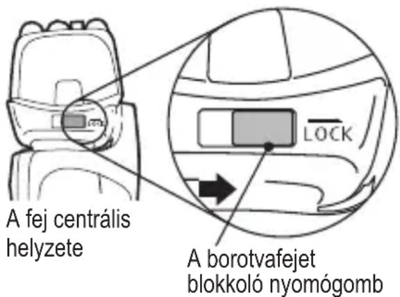 A fej centrális helyzete A borotvafejet blokkoló nyomógomb