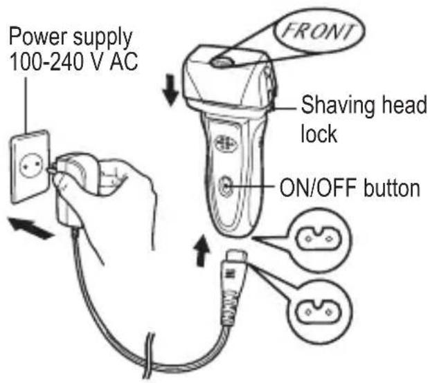 Power supply 100-240 V AC FRONT Shaving head lock ON/OFF button