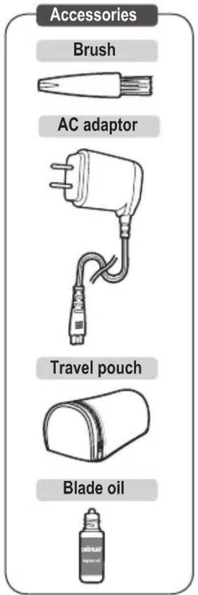 Accessories Brush AC adaptor Travel pouch Blade oil