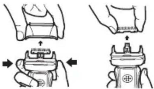 Technical diagram showing hand positioning and assembly steps of a device with labeled parts and directional arrows