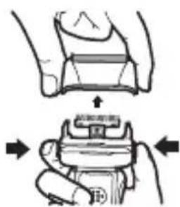 Diagram illustrating a hand grip mechanism with labeled parts and directional arrows indicating movement or force.