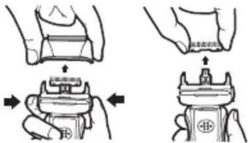 Technical diagram showing hand positioning and assembly steps of a device with Chinese labels