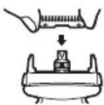 Diagram showing a hand holding a spring-loaded component above a device with a labeled component and directional arrow indicating motion.