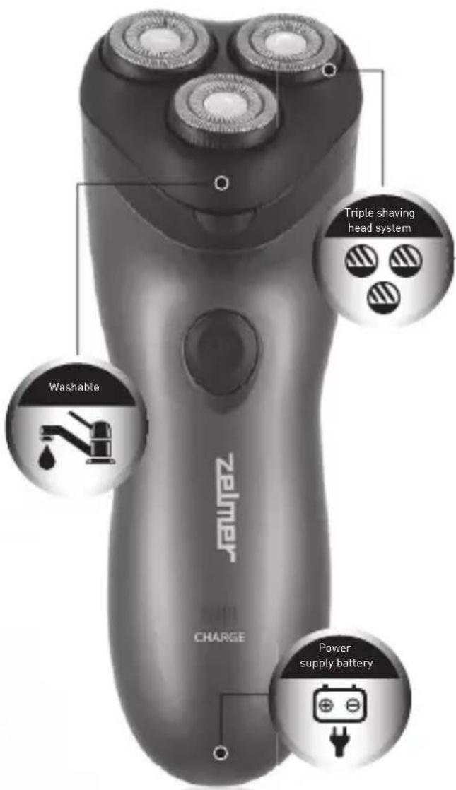 Zalmer CHARGE Triple shaving head system Washable Power supply battery