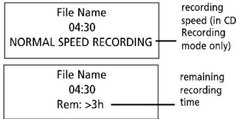 File Name 04:30 NORMAL SPEED RECORDING recording speed (in CD Recording mode only) File Name 04:30 Rem: >3h remaining recording time