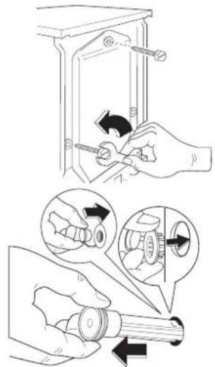 Technical diagram illustrating hand tooling and disassembly steps in a mechanical assembly, with labeled parts and directional arrows.