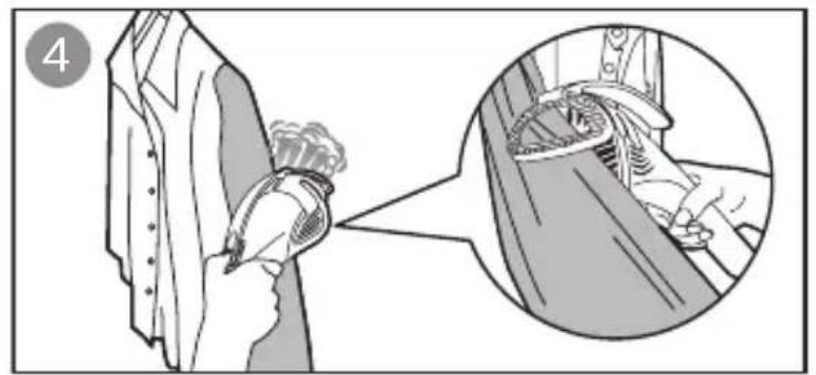 Illustration showing a hand holding a tool near a garment, with an inset close-up of the process (no text or symbols)