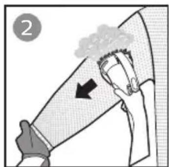 Illustration of a person cleaning a garment with a cloth, showing a hand holding the garment (no text or symbols)